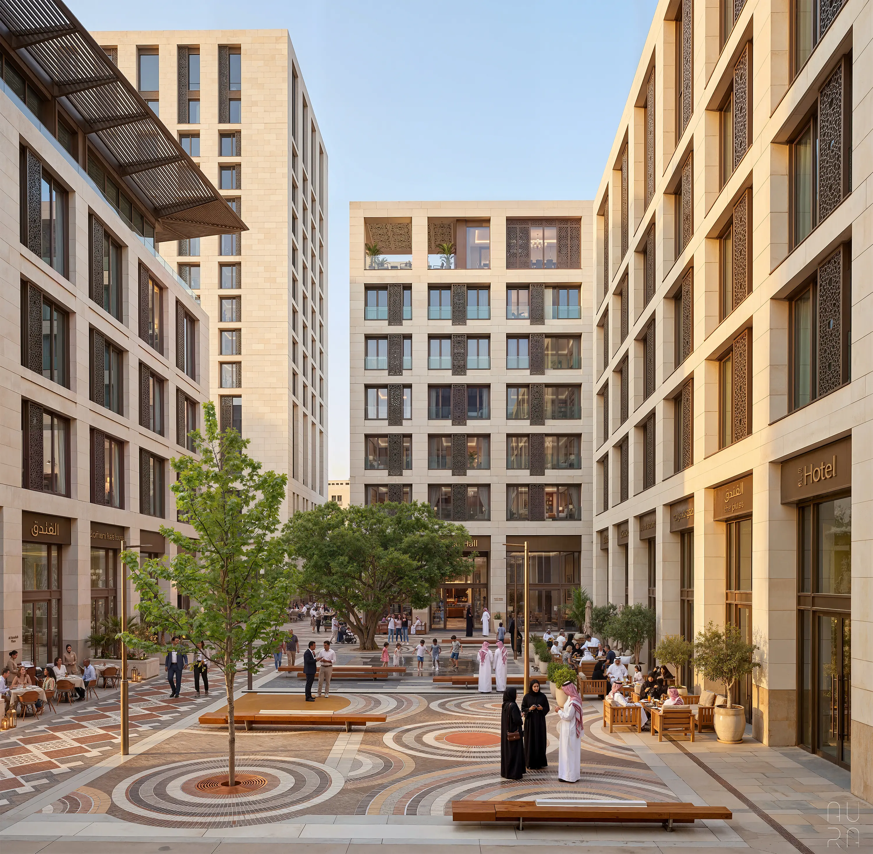 Architectural visualization of Sirrayn Island, Red Sea — sunny pedestrian plaza and luxury hotel facades