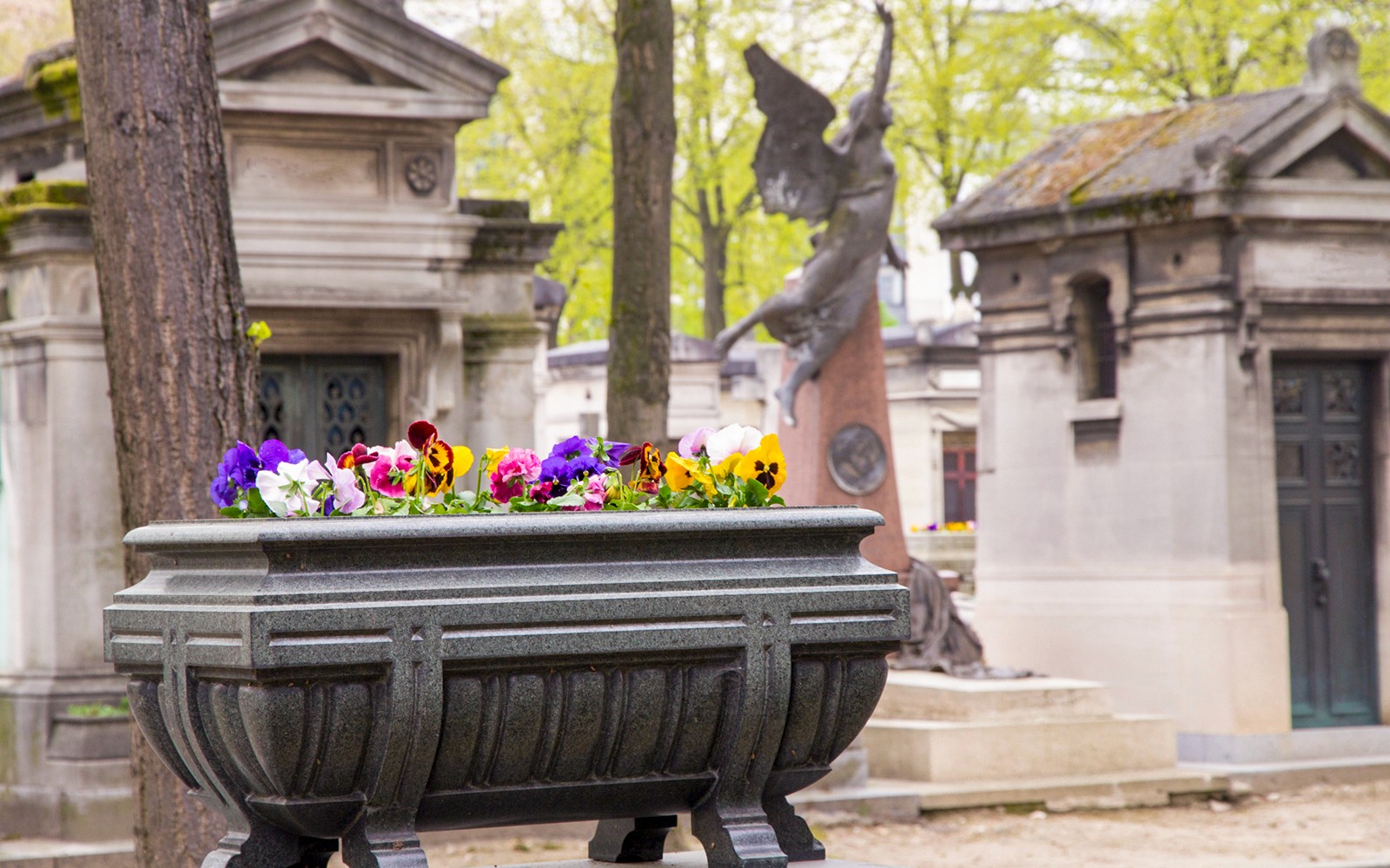 Stone planter with colorful flowers in Montparnasse Cemetery, Paris.