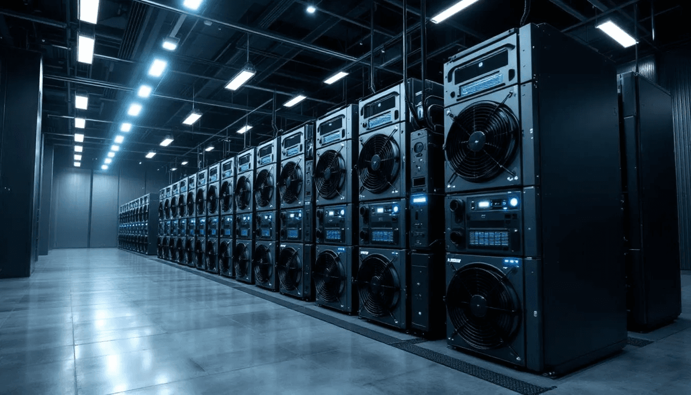The image depicts rows of specialized bitcoin mining computers equipped with advanced cooling systems, housed in a large facility designed for bitcoin mining operations. These powerful machines work together to process and validate bitcoin transactions on the decentralized network, contributing to the security and efficiency of the bitcoin blockchain.