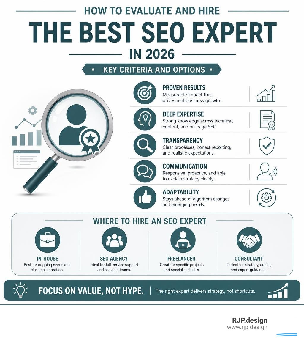 How to evaluate and hire the best SEO expert in 2026 — key criteria and options infographic