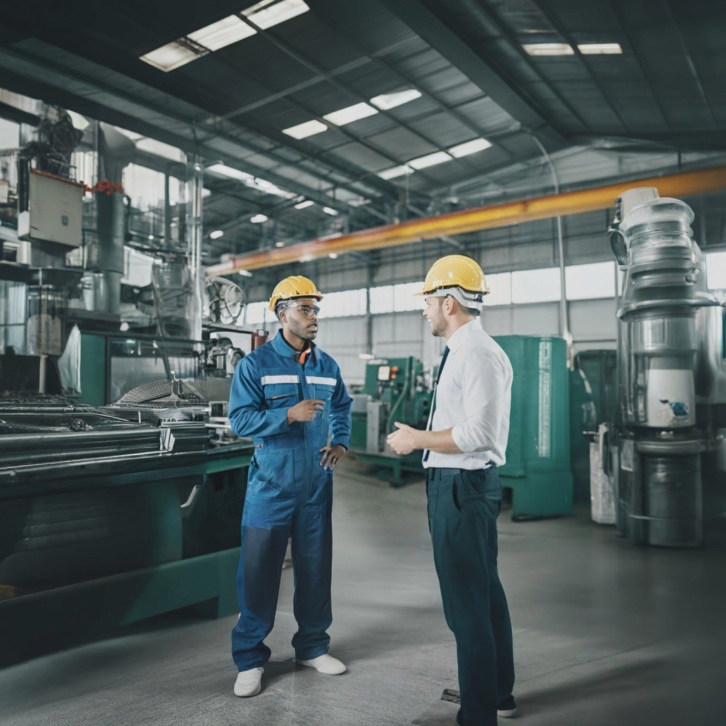 A photo of an industrial engineer wearing a RealWear headset and working on some equipment