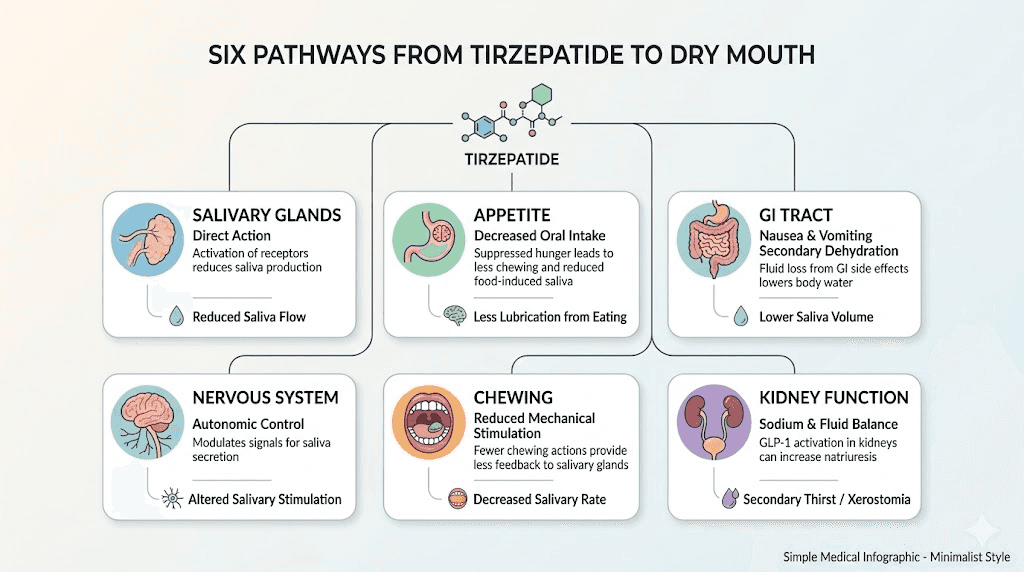 Six mechanisms of tirzepatide-induced dry mouth diagram