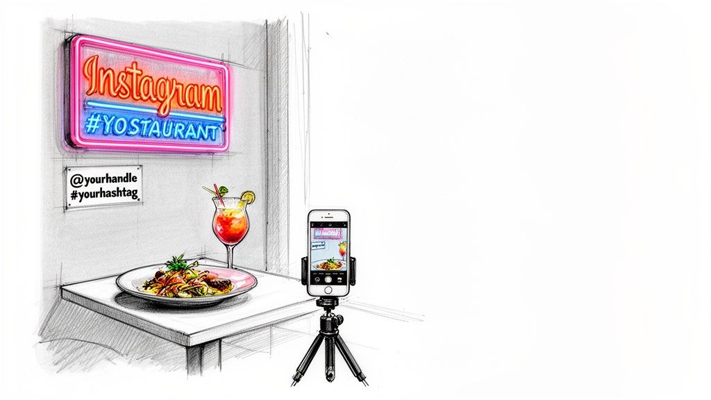 A sketch of a restaurant setting, with a phone on a tripod photographing food and a cocktail.