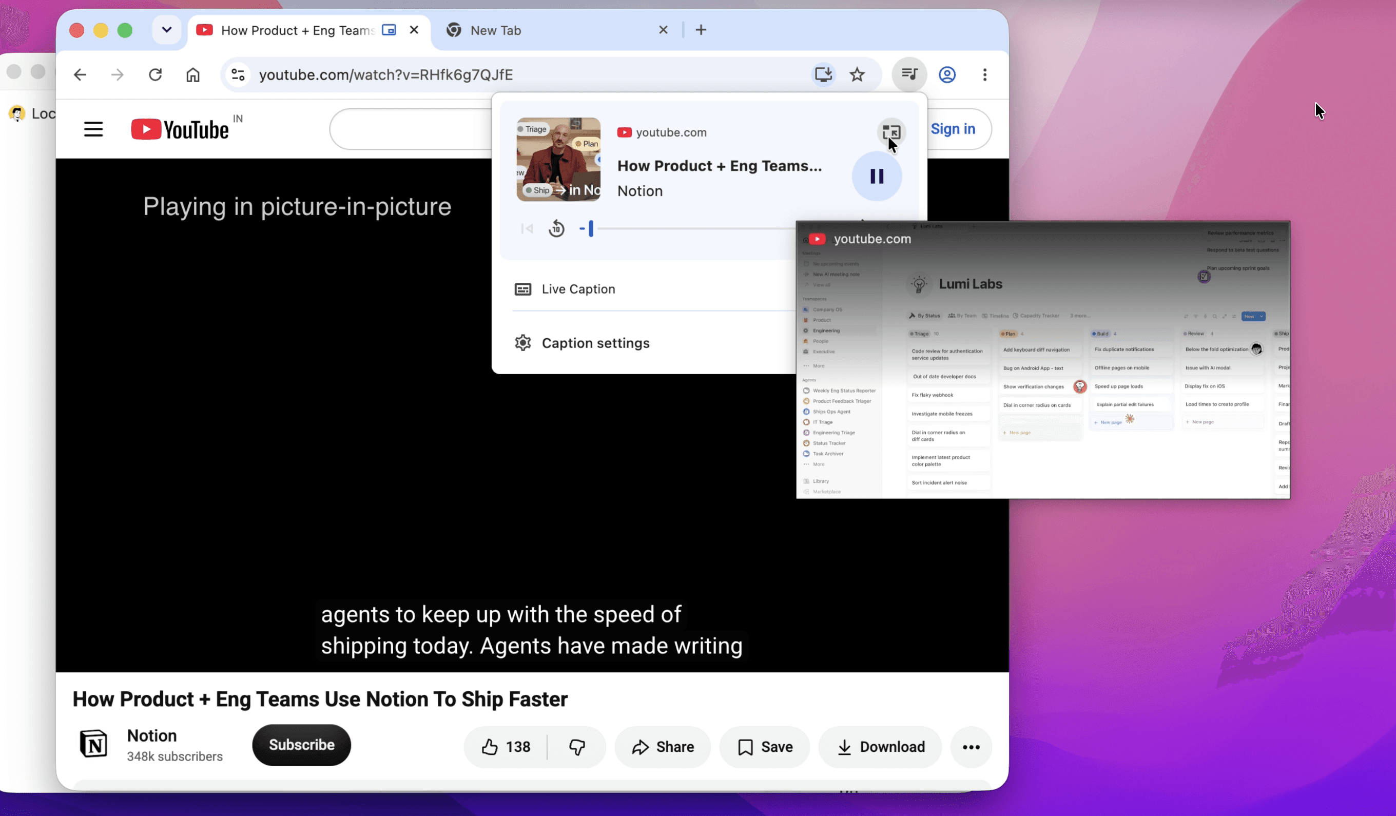 Chrome Picture-in-Picture mode showing a floating video while working in another tab