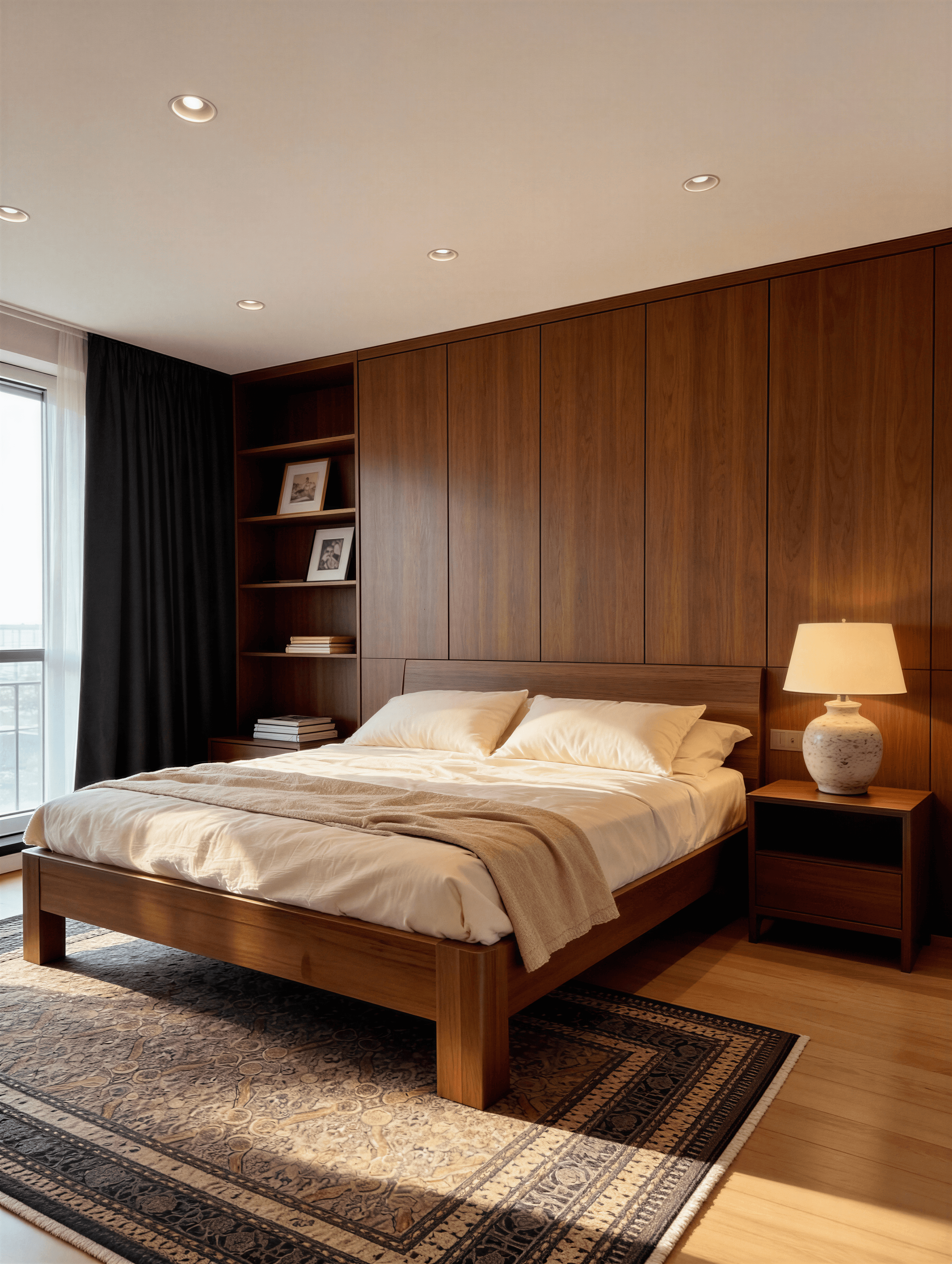 Dormitor elegant cu lambriu din lemn pe tot peretele, pat din lemn masiv și lumină caldă ambientală.