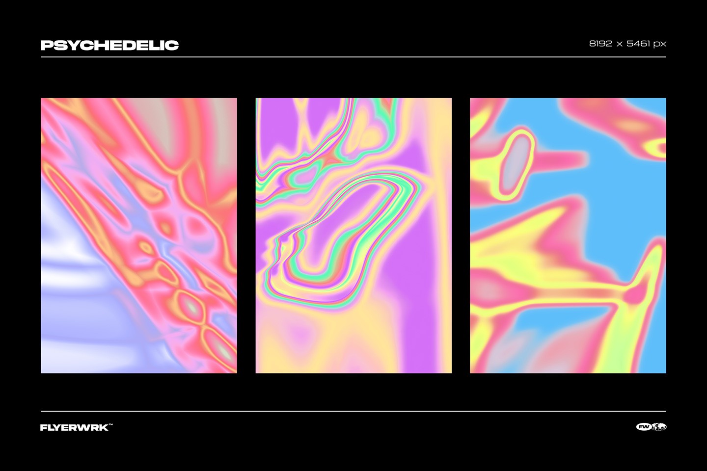 Three vertical trippy psychedelic backgrounds showcasing vibrant neon color gradients for modern digital art