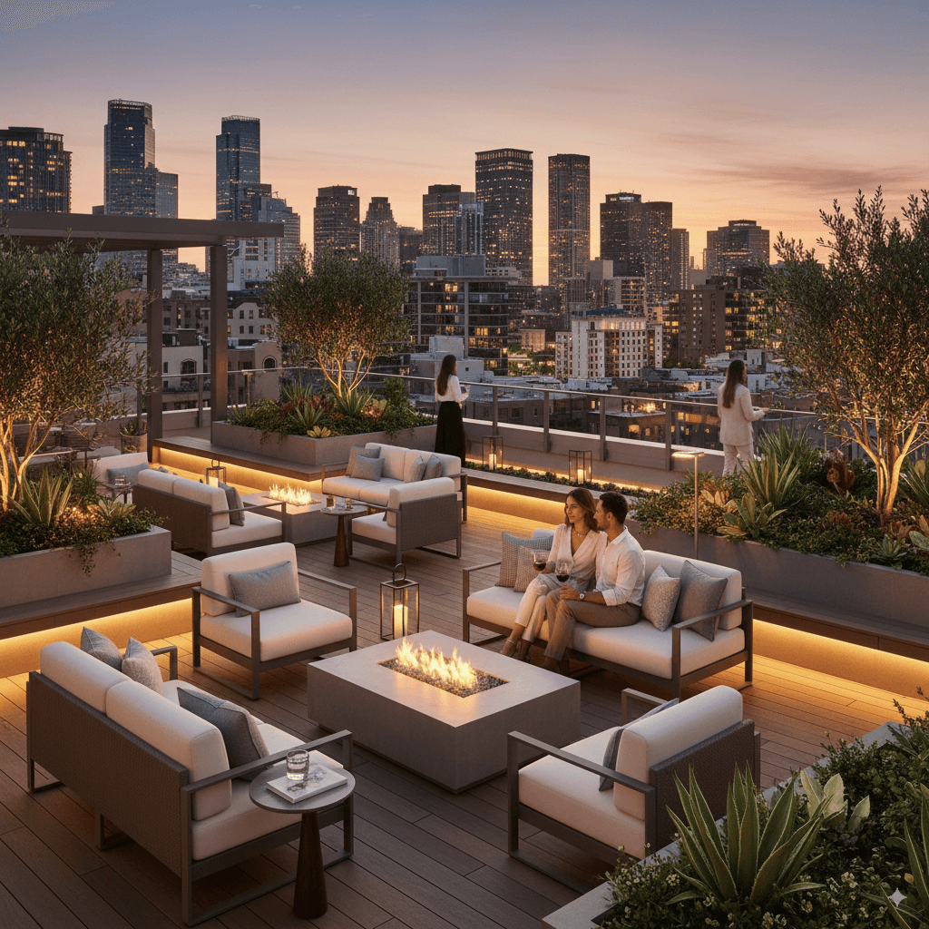  Stylish rooftop terrace at dusk with a city skyline in the background, featuring beige outdoor sofas and chairs around a fire pit table, lush greenery in planters, warm ambient lighting, and a few people relaxing, including a couple on a sofa.