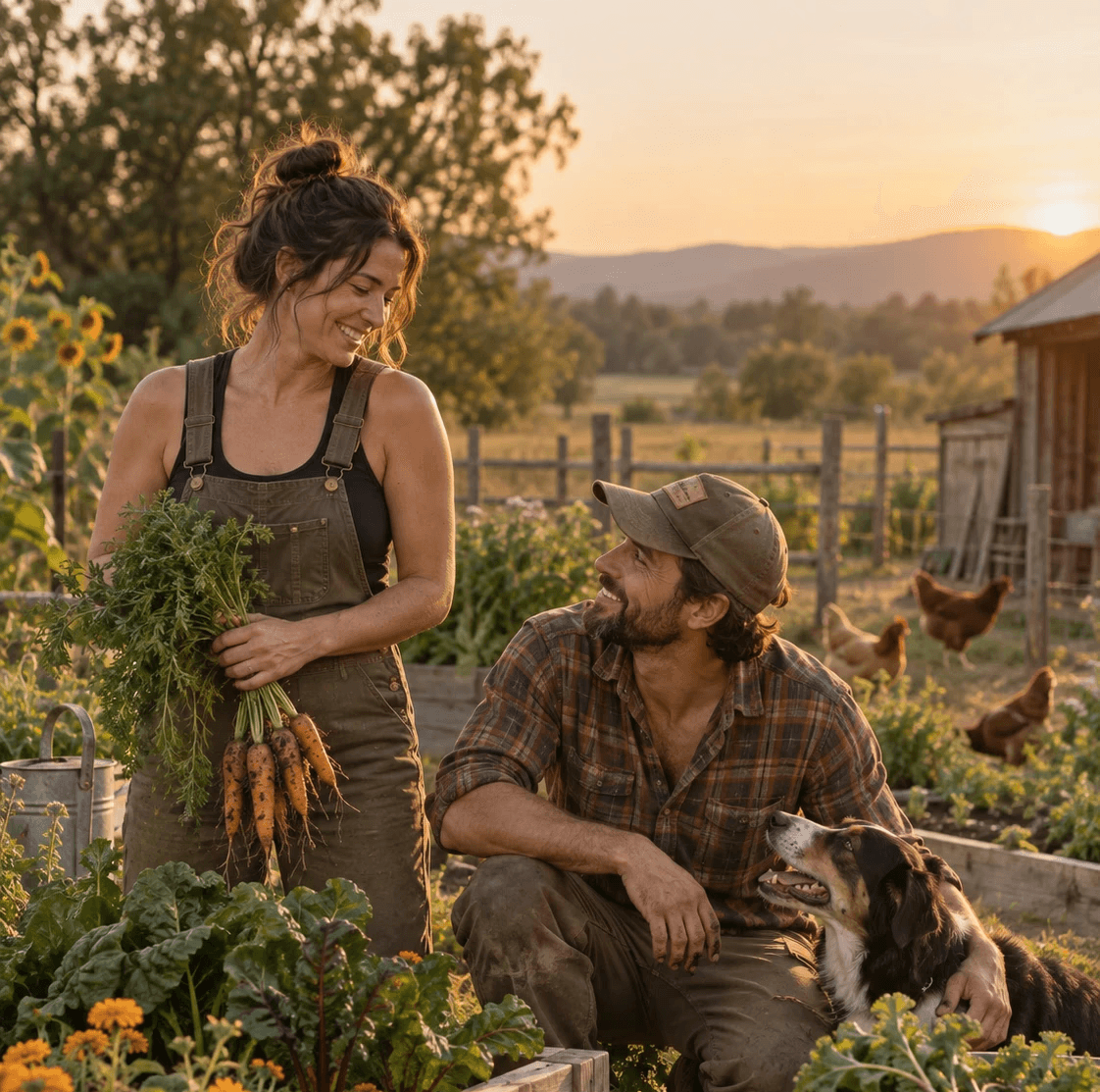 Two homesteaders connecting while working together in a garden.