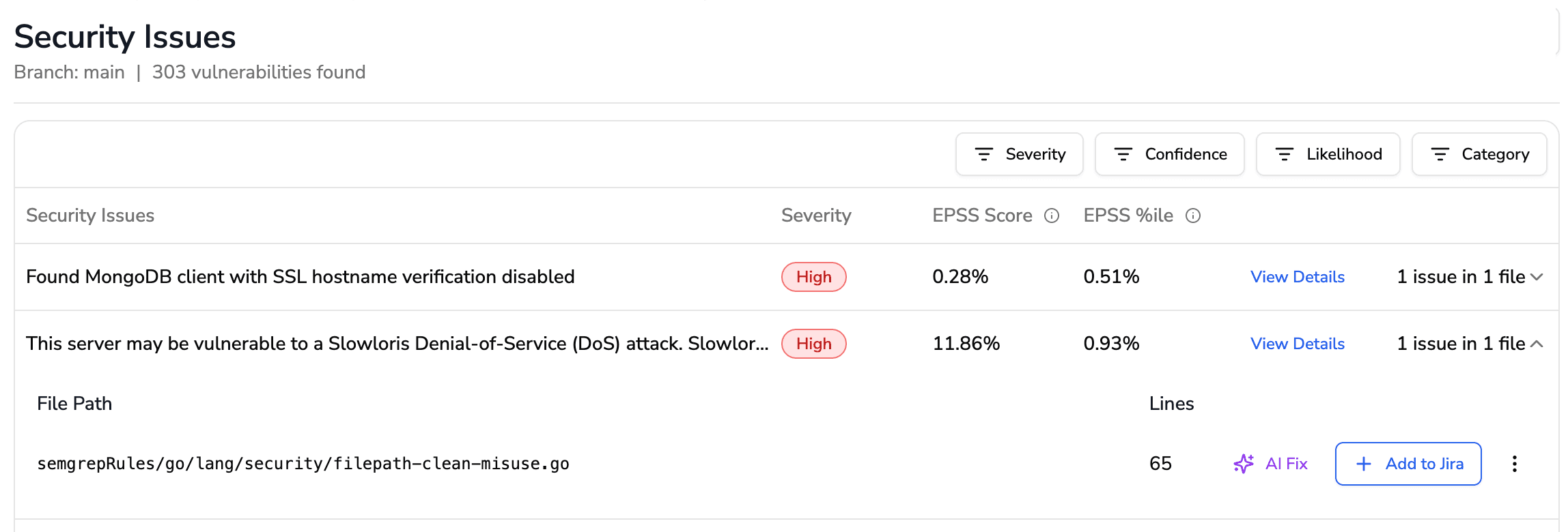 CodeAnt Security Issues dashboard showing vulnerabilities with EPSS exploit probability, percentile scores, severity levels, and AI-powered fix suggestions.