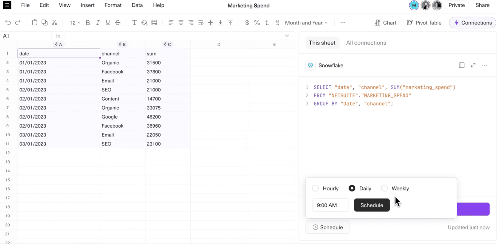 Screenshot of Equals spreadsheet