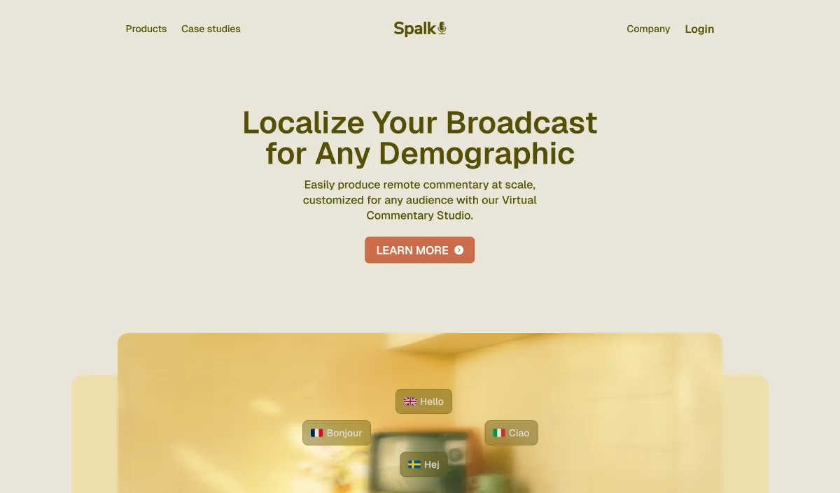 Hero section promoting localized broadcast commentary for global audiences with multilingual interface preview