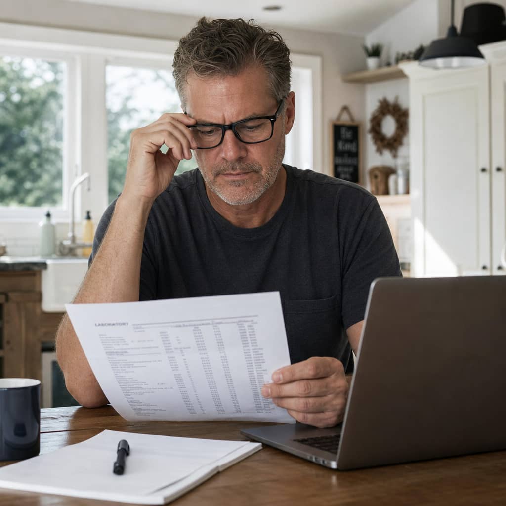 Man in his late 40s reviewing laboratory results at his kitchen table with a laptop open, representing Hero Health's advanced diagnostic testing and personalized care approach
