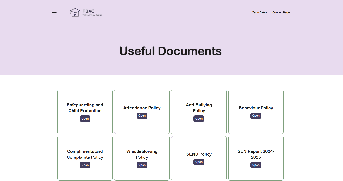 A screenshot of the TBAC website. 