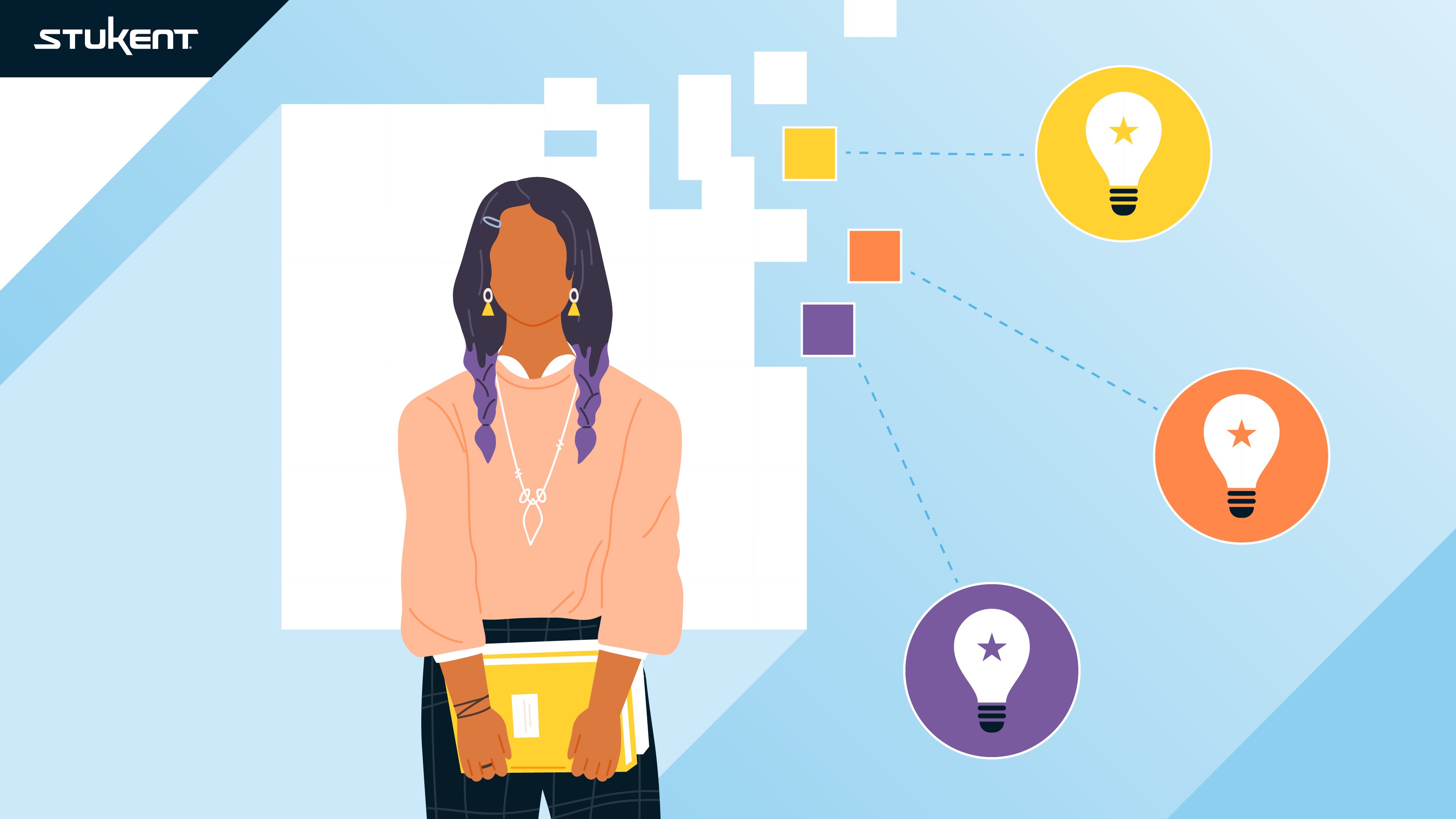 Illustration of a person holding a yellow notebook, with lightbulb icons connected to colorful squares representing ideas. The Stukent logo appears in the top left corner.