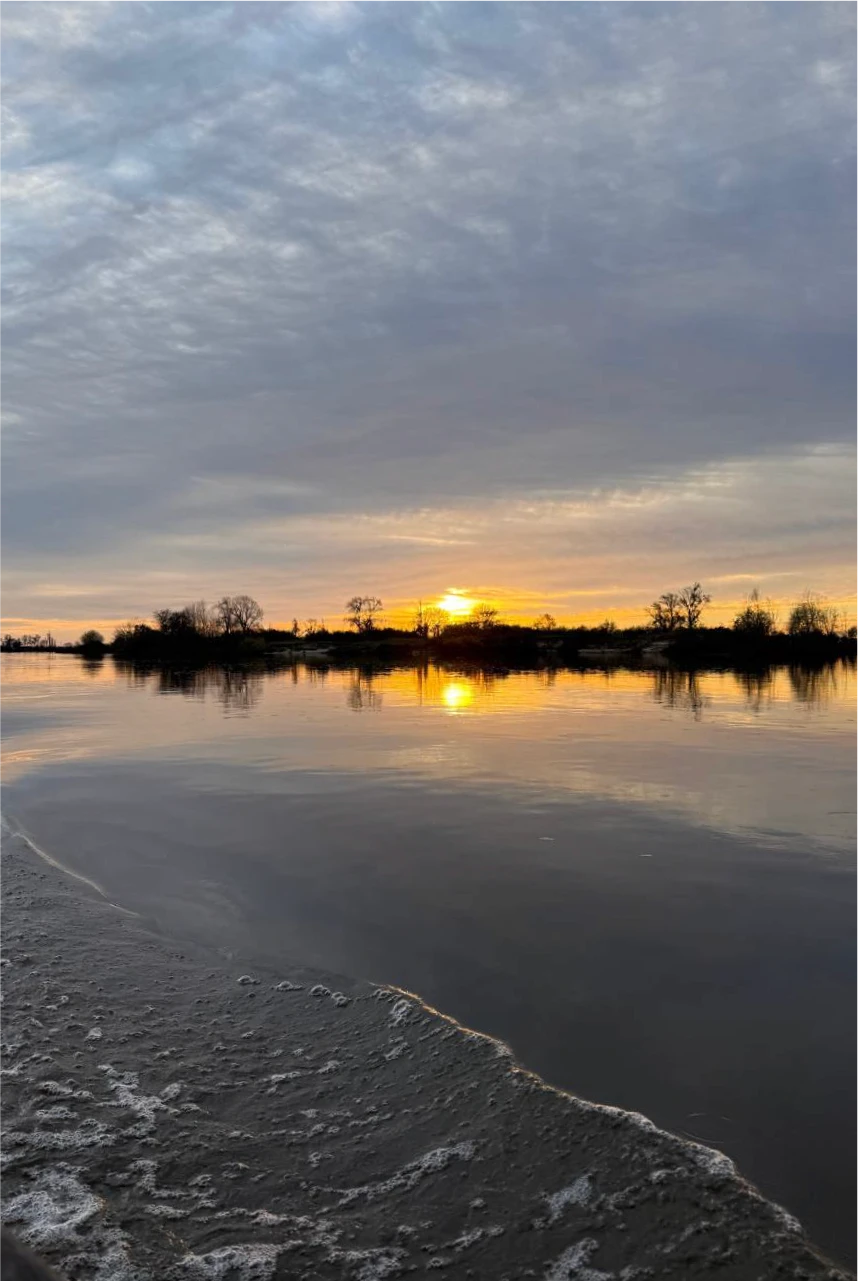 A calm stream flows through a peaceful landscape.