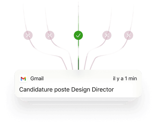 A visual representation of a Gmail notification for a job application titled "Candidature poste Design Director." The notification appears at the bottom of the image, with a green checkmark above it, indicating a successful submission, and red crosses on either side, possibly representing different outcomes or options related to the application.