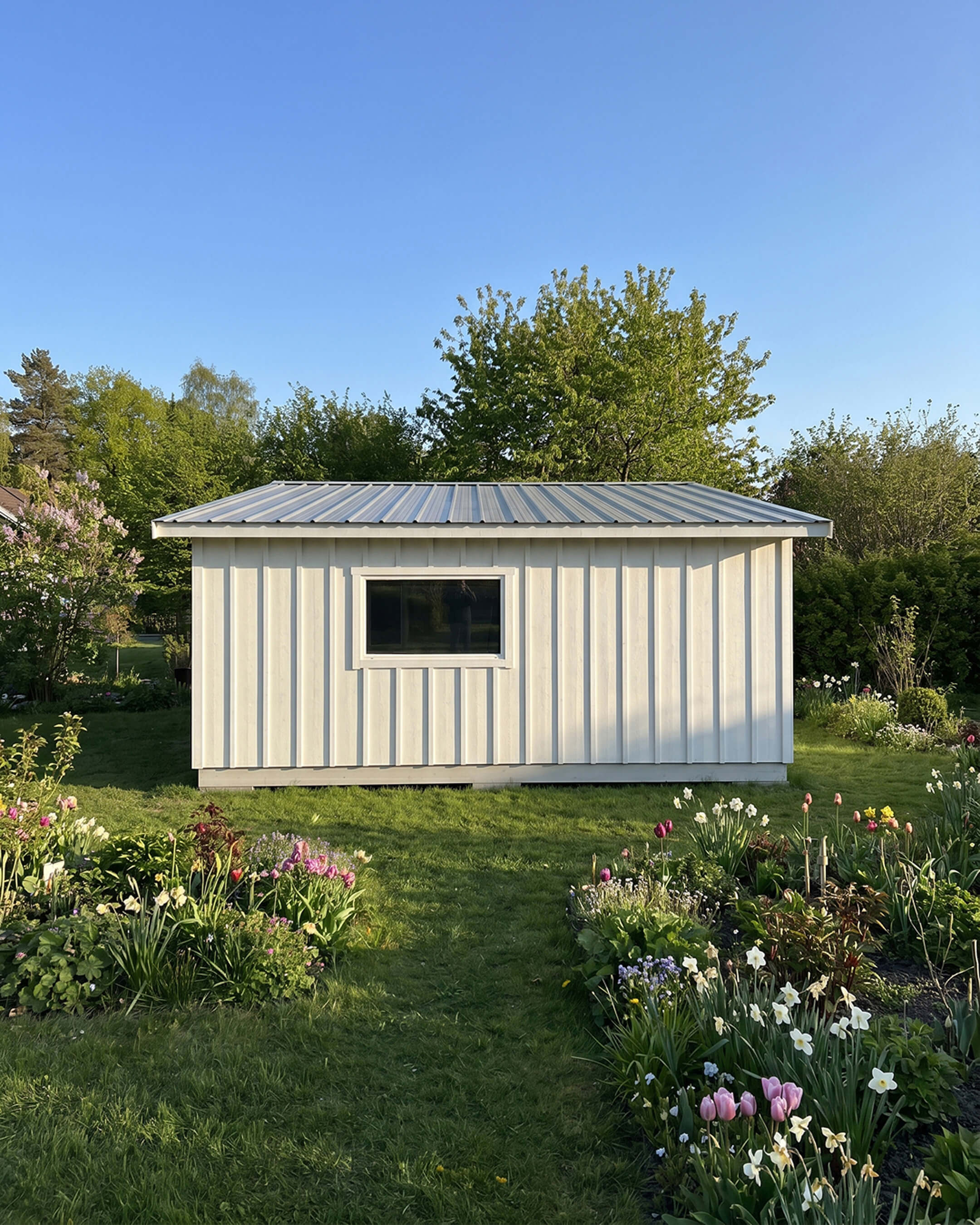 Rear view of a white 12x20 shed with vertical board-and-batten cladding, a small horizontal window and a low-slope metal roof.