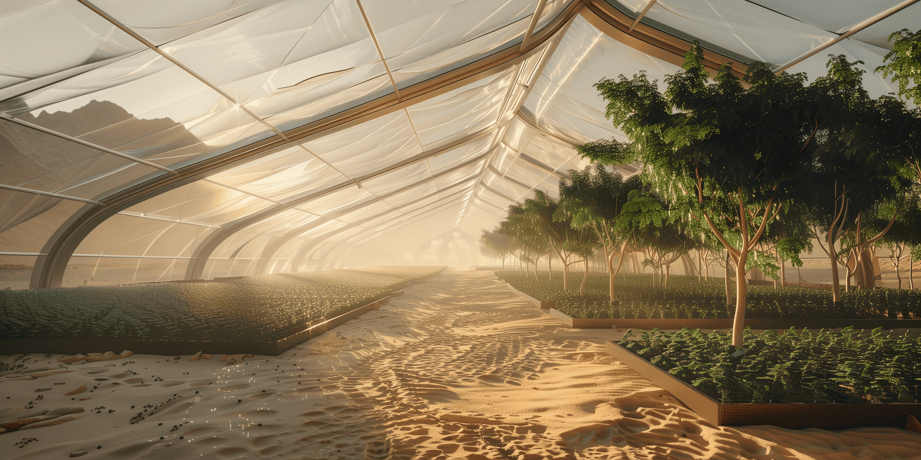 The inside of a futuristic-looking glass greenhouse filled with rows of small green plants and some taller green trees.