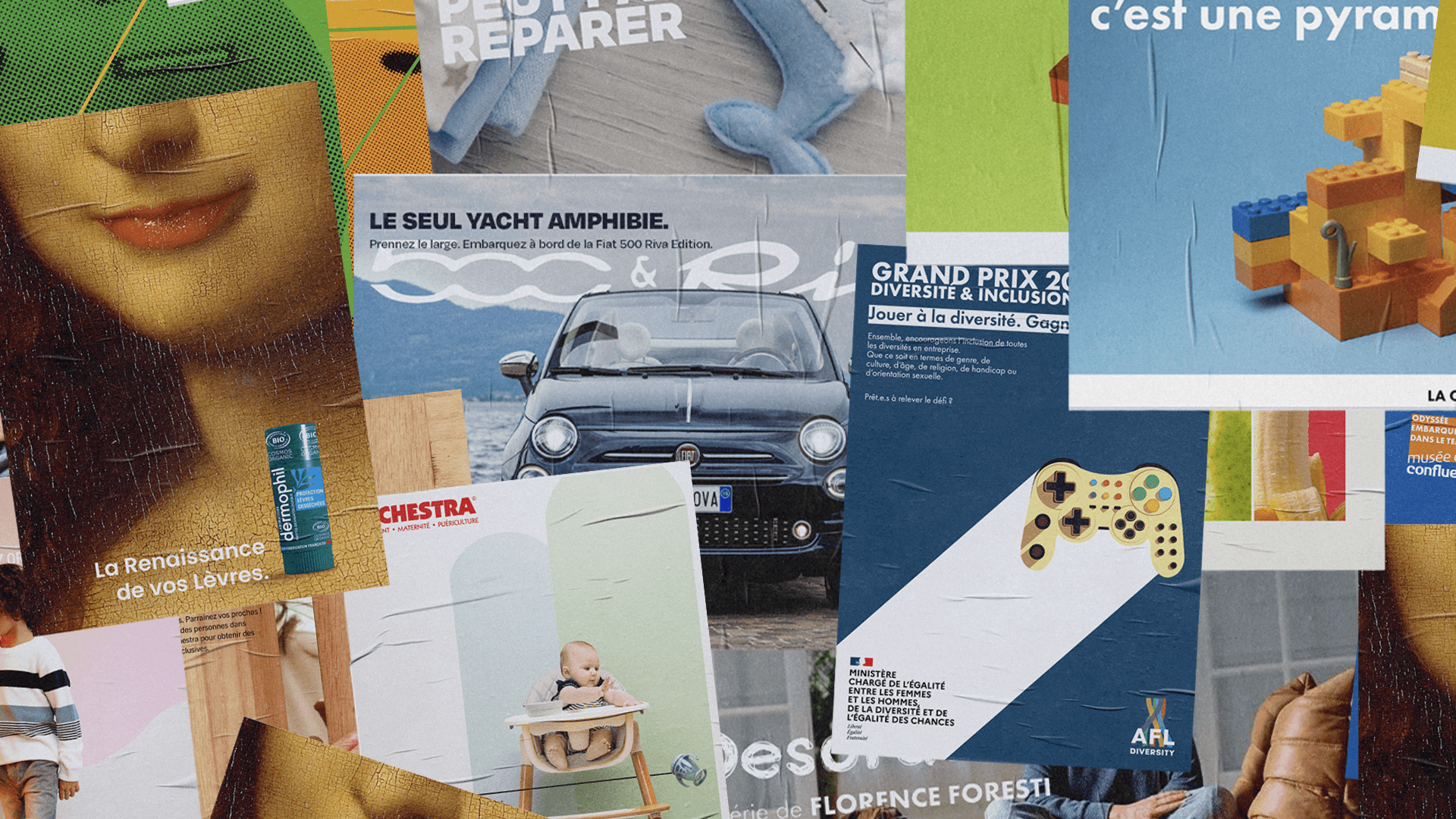 Une compilation des créations visuelles qui montrent des affiches variées de campagnes pour des clients comme Greenpeace, LEGO et Dermophil. Chaque visuel s'intègre dans un ensemble cohérent et vibrant, avec des éléments graphiques dynamiques et modernes. Ces créations sont conçues pour capturer l'attention et transmettre un message fort.