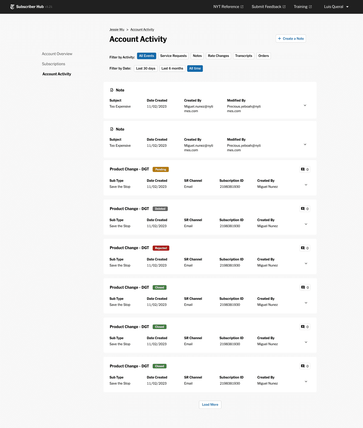 Account Activity, centralized history list