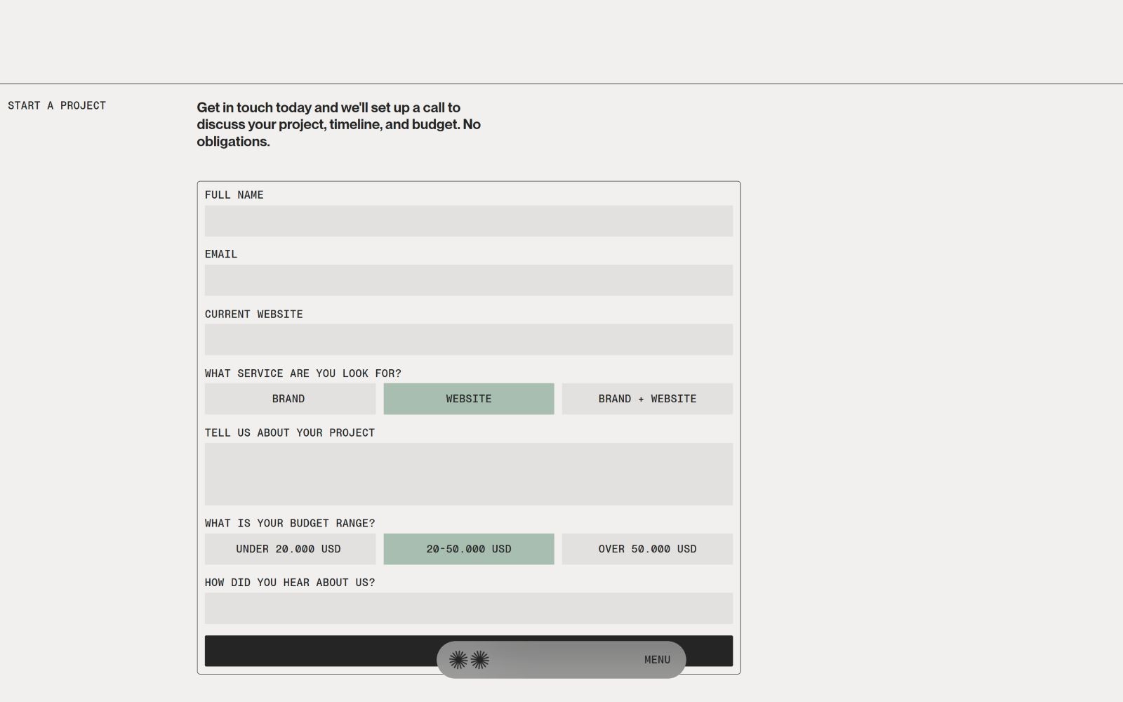 Contact form with fields for name, email, website. Options for service type, project description, budget, and referral source.
