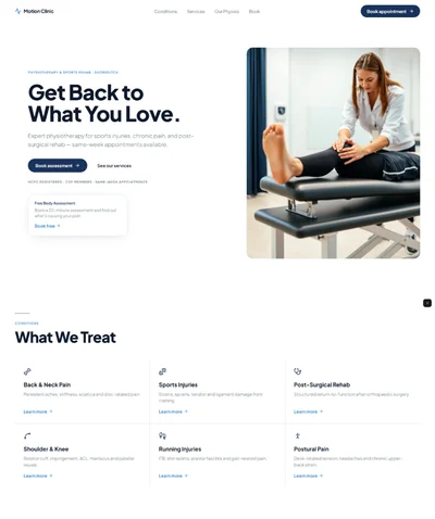 Physiotherapist website prompt — white and deep navy physiotherapy sports rehab clinic website design preview