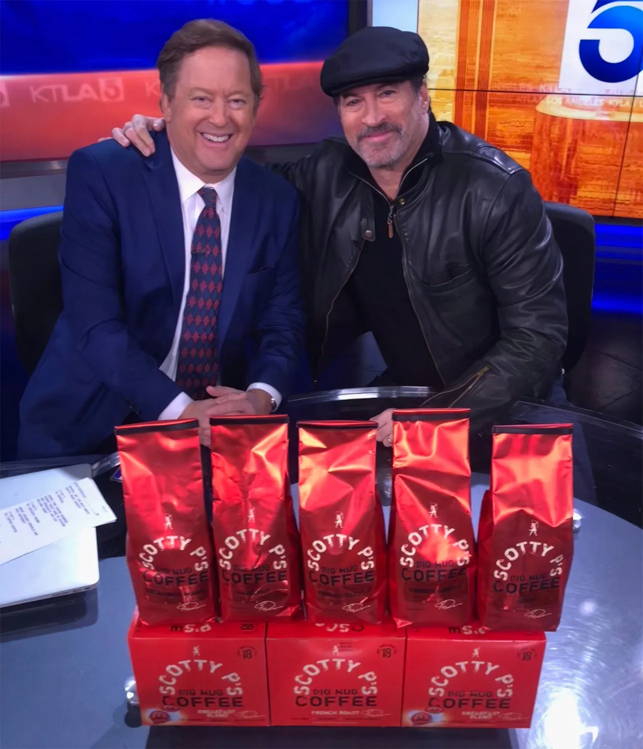 Scott Patterson on KTLA with coffee bags