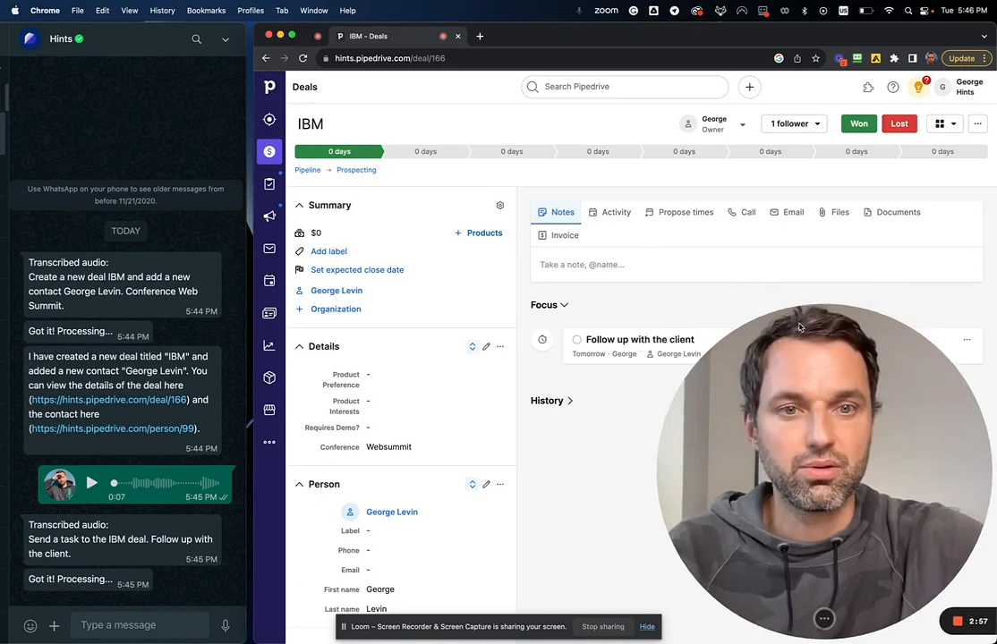 The Pipedrive deals interface showing a new task titled 'Follow up with the client' scheduled for tomorrow.