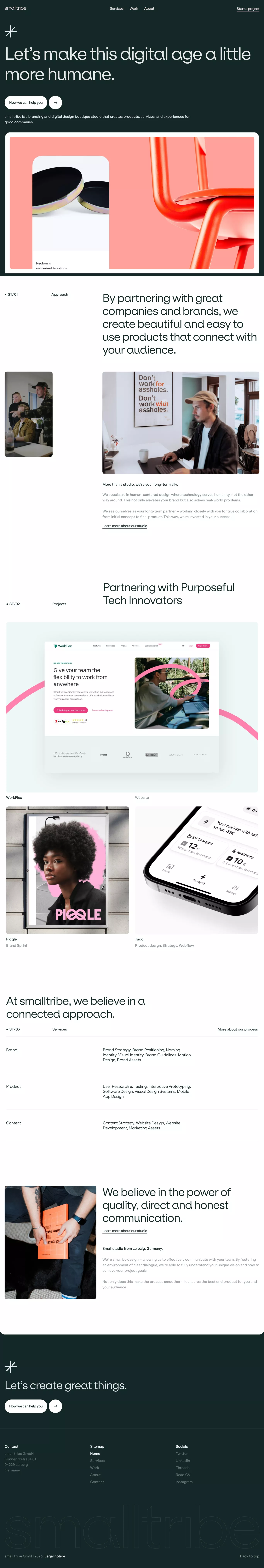 smalltribe - branding and digital design portfolio page screenshot showcasing Design and Tech design