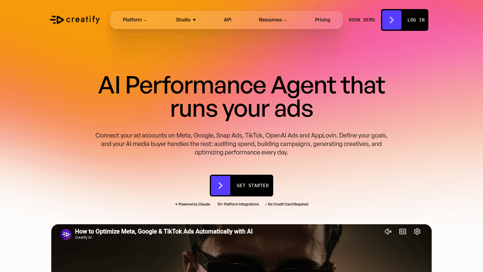 Creatify AI marketing page describing an AI performance agent that manages and optimizes digital advertising campaigns.