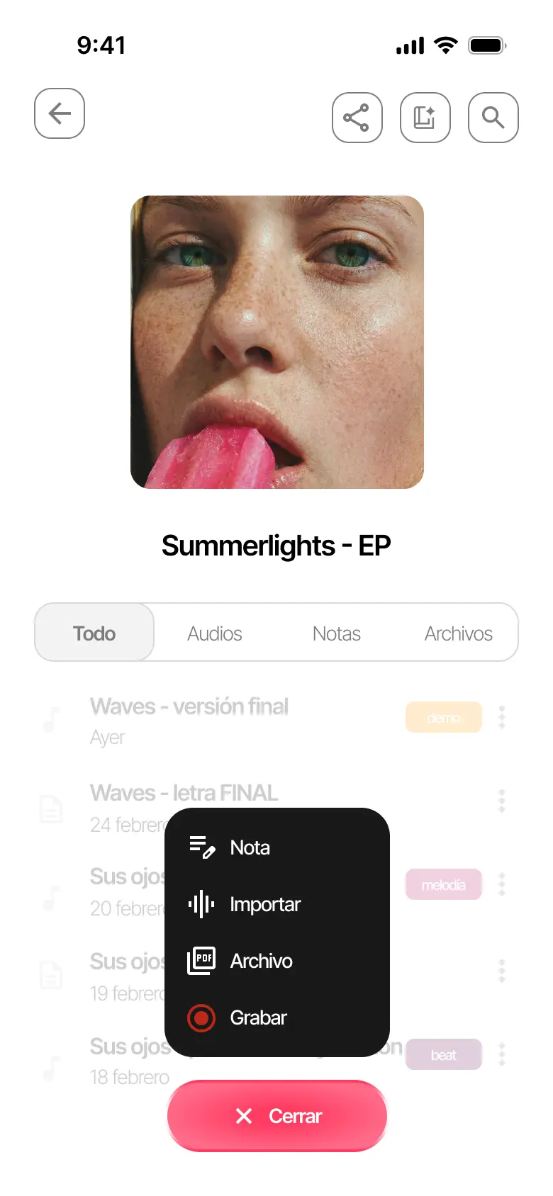 Opciones para añadir contenido en Zoundroom: nota, importar audio, importar PDF y grabar audio