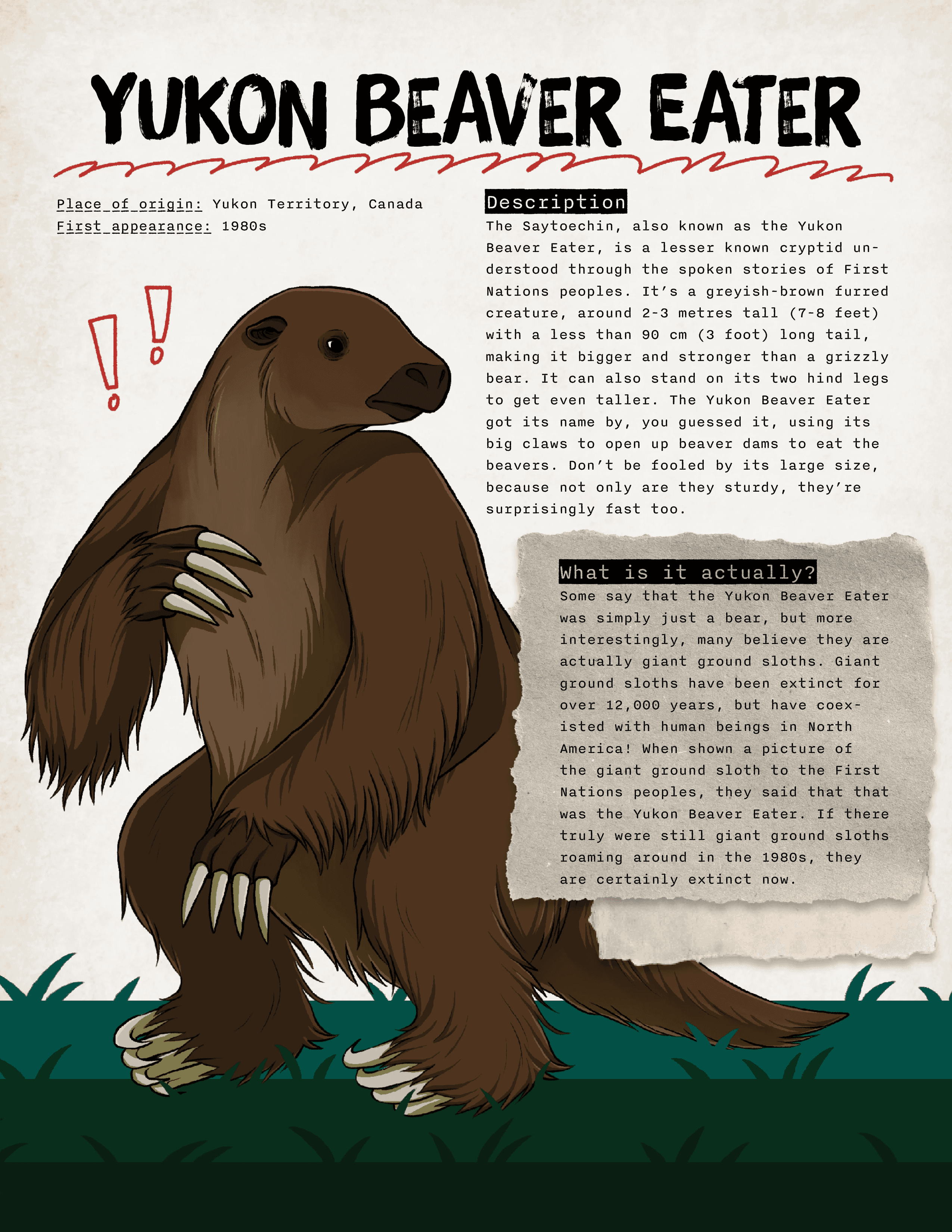 Two pages of the activity book. Left is an info page about the cabbagetown tunnel monster, right is an info page about the Yukon beaver eater