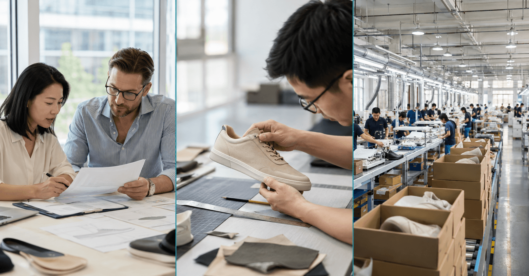 A horizontal triptych image showing three ways to work with Brisas Global. Left panel shows two people reviewing production documents in a consultation meeting. Middle panel shows a person inspecting a finished shoe sample on a workbench. Right panel shows an organized factory floor with production lines and shoe boxes ready for shipping.