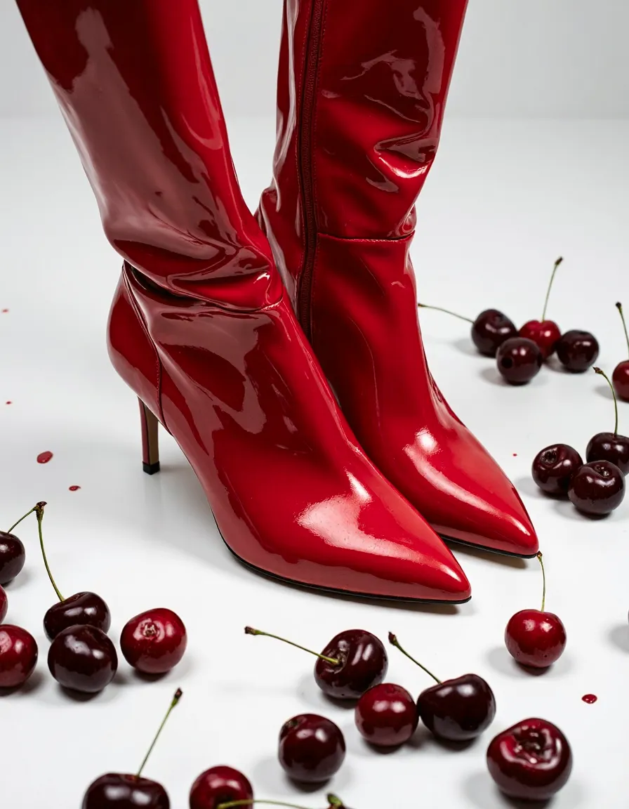 Glossy red patent leather boots with pointed toes surrounded by fresh cherries on white background