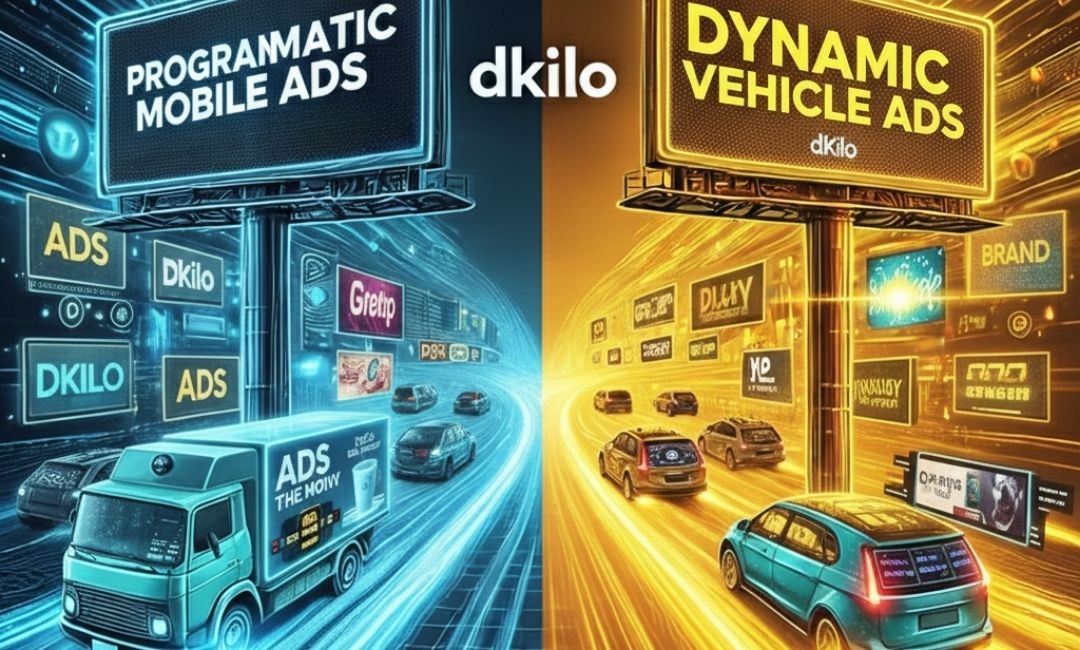 Split-screen visual showing programmatic mobile ads and dynamic vehicle ads on digital billboards and moving cars in a futuristic city environment.