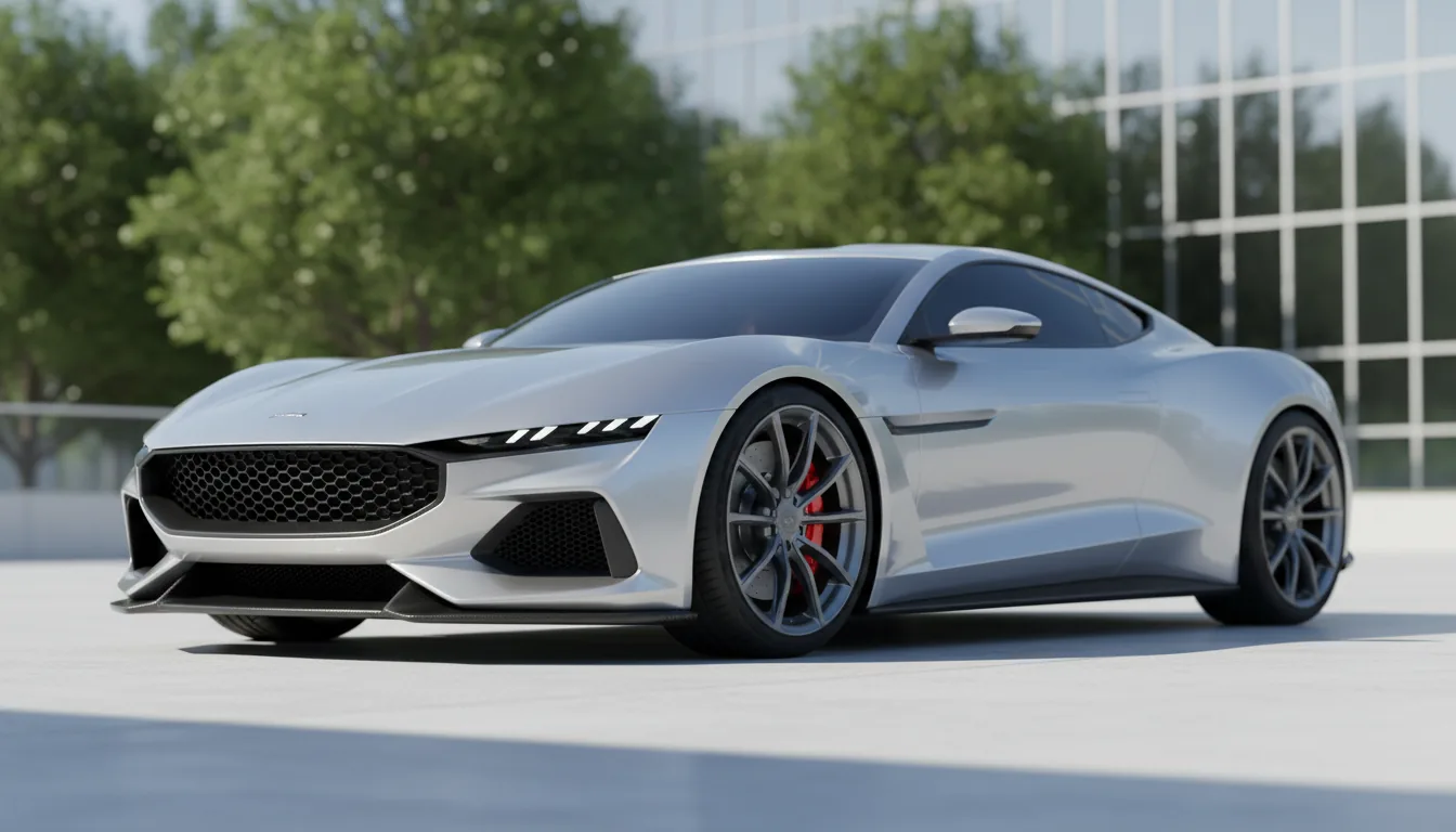 Photorealistic 3D render in Unreal Engine 5 of a sleek, modern sports coupe with a metallic silver paint job, positioned at a low three-quarter angle on light grey concrete. The car features a large black mesh front grille, gunmetal grey multi-spoke alloy wheels, and visible red brake calipers. The scene is illuminated by bright, natural daylight, casting soft shadows and creating realistic glossy reflections. In the background, lush green trees and a building are softly blurred with a shallow depth of field, creating a bokeh effect.