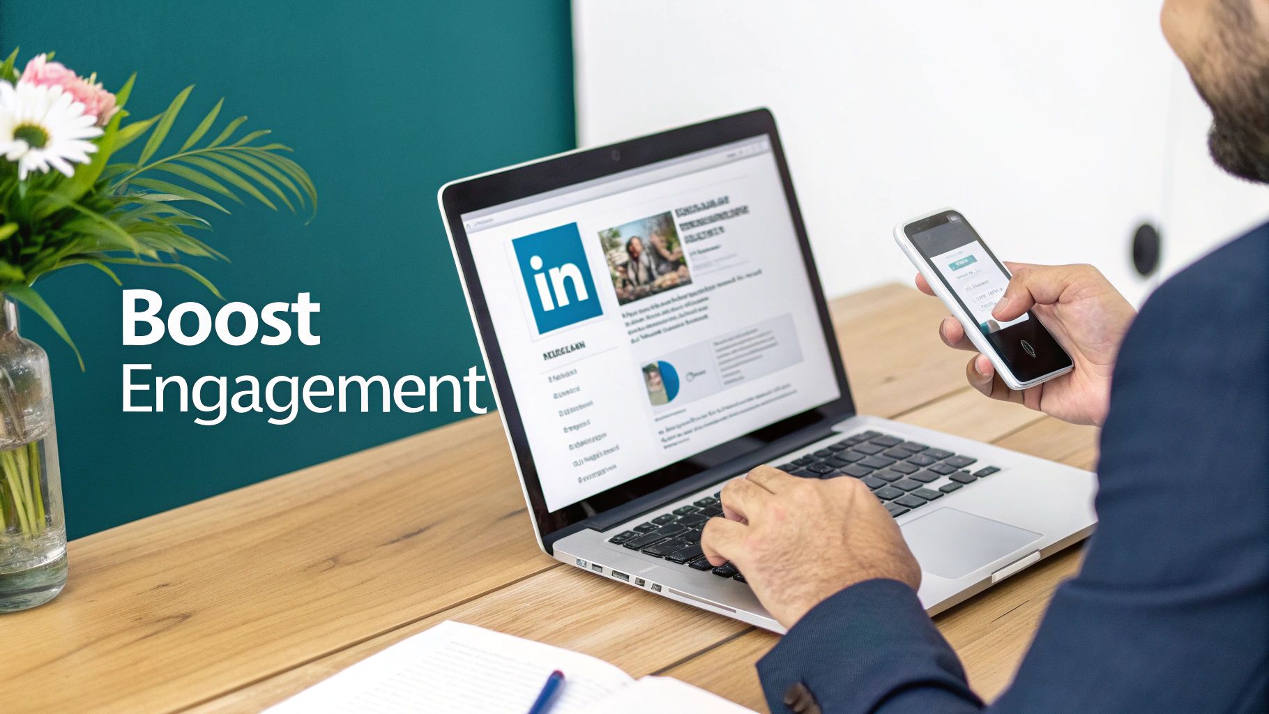 A person uses a laptop displaying LinkedIn and a smartphone, with 'Boost Engagement' text on the wall.