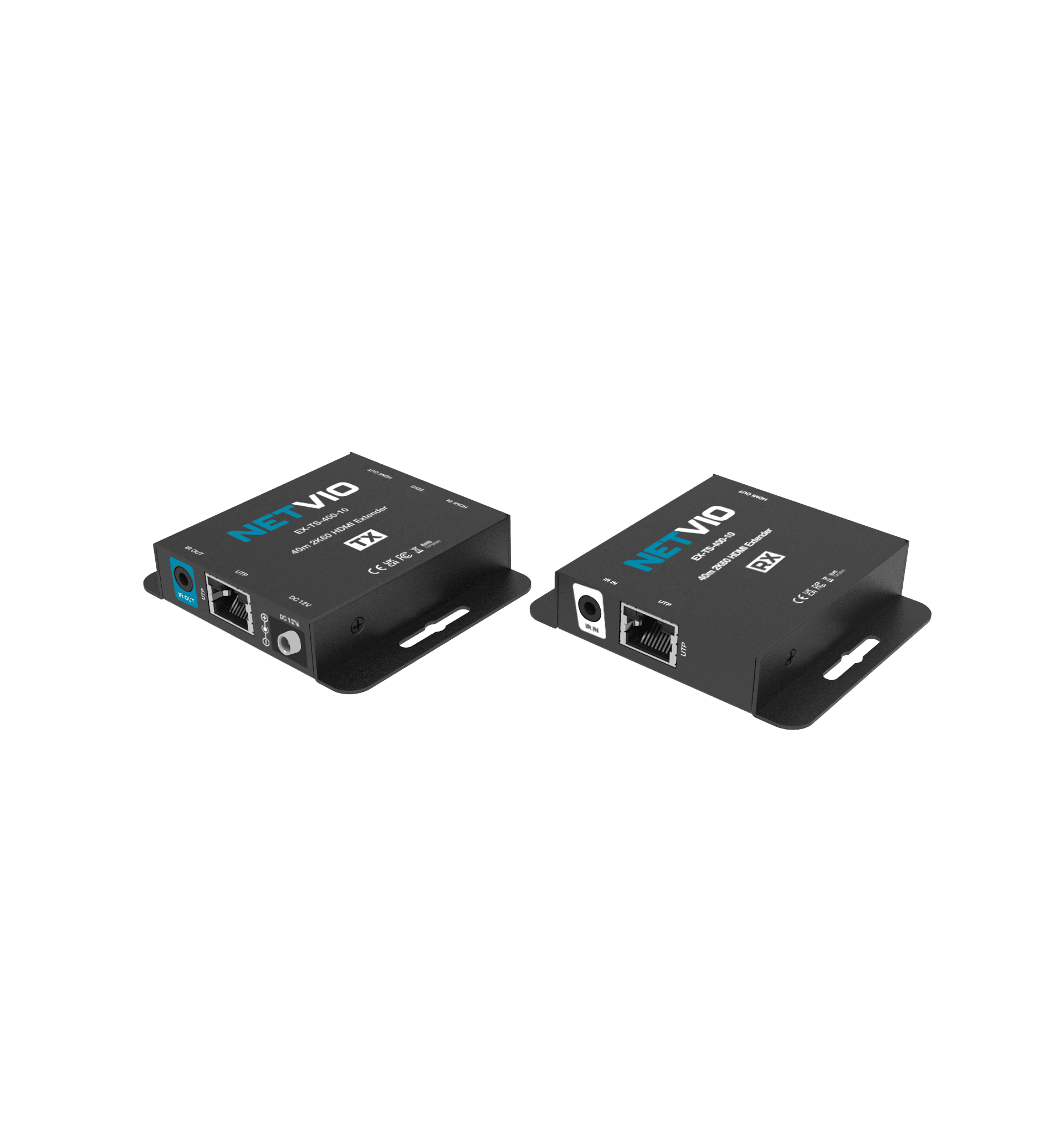 Two black Netvio HDMI extenders on white background.