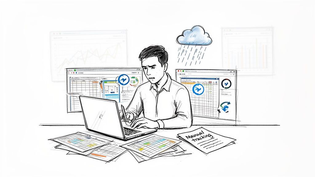 Stressed man manually tracking data on a laptop, surrounded by multiple screens and paper reports, under a rain cloud.