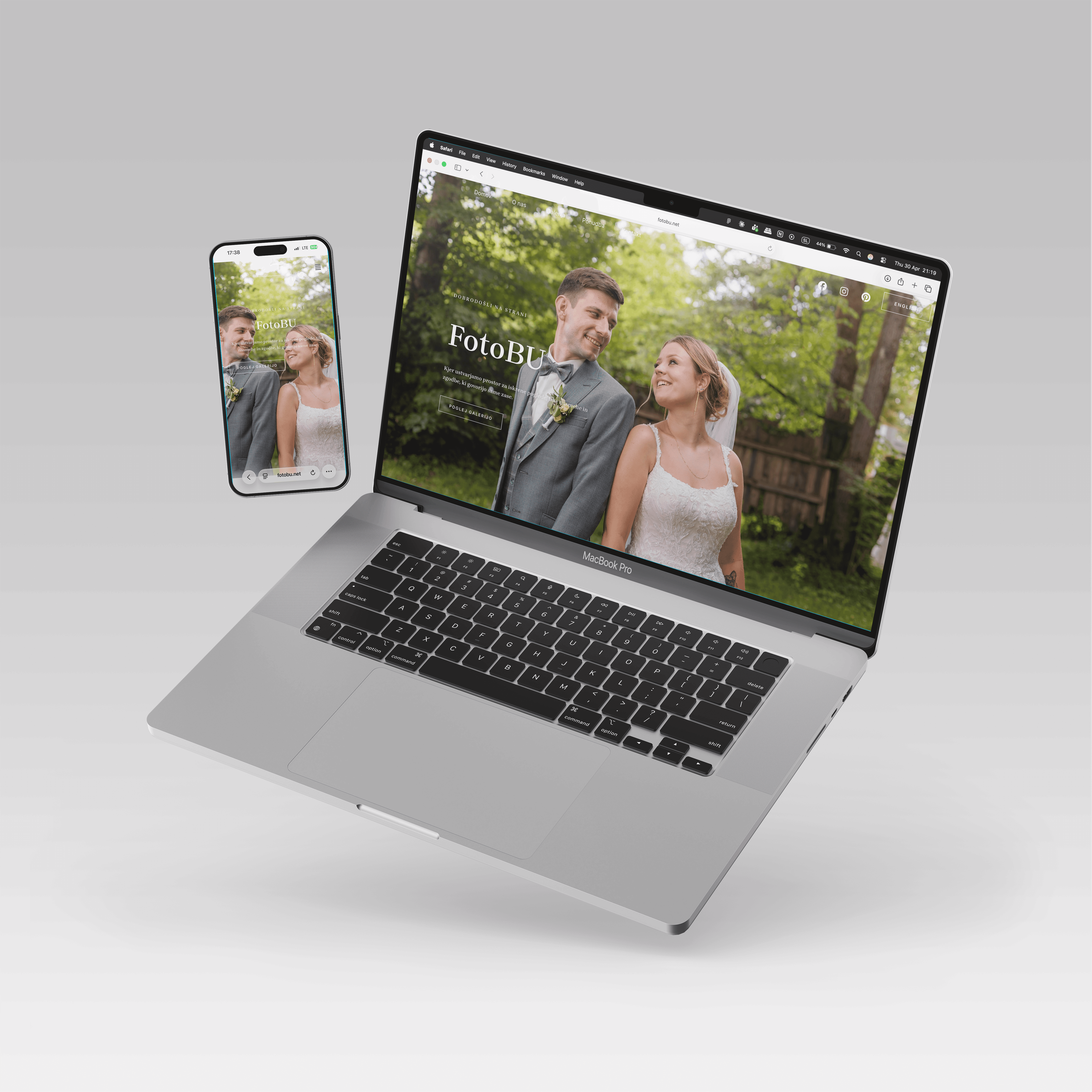 FotoBU homepage shown on a MacBook and iPhone with a wedding couple photo.