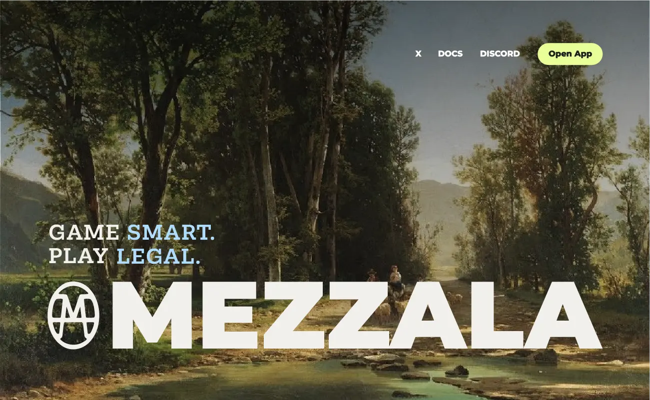 High-impact landing page mockup for Mezzala using the Hudson River School background, "Open App" button, and bold typography.