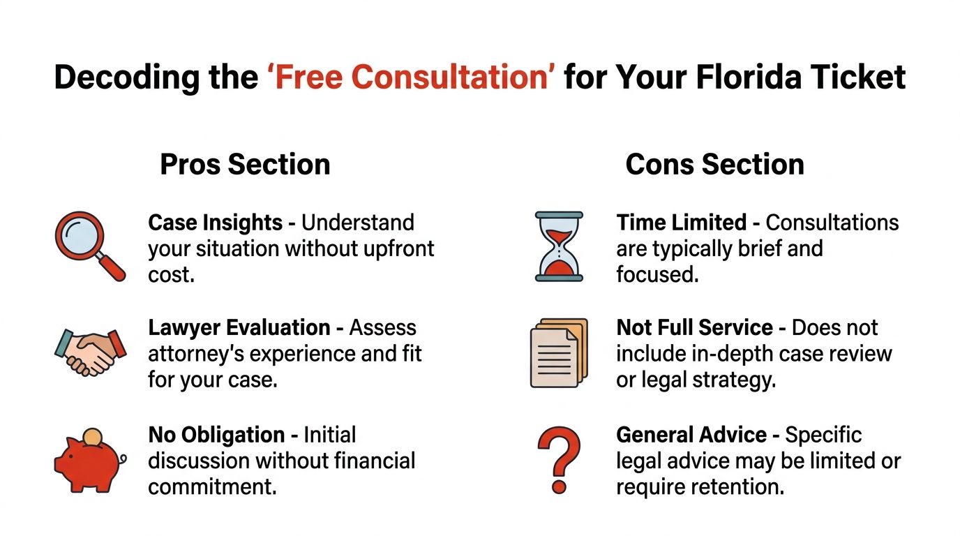 A visual guide outlining the pros and cons of obtaining a free legal consultation for Florida tickets.