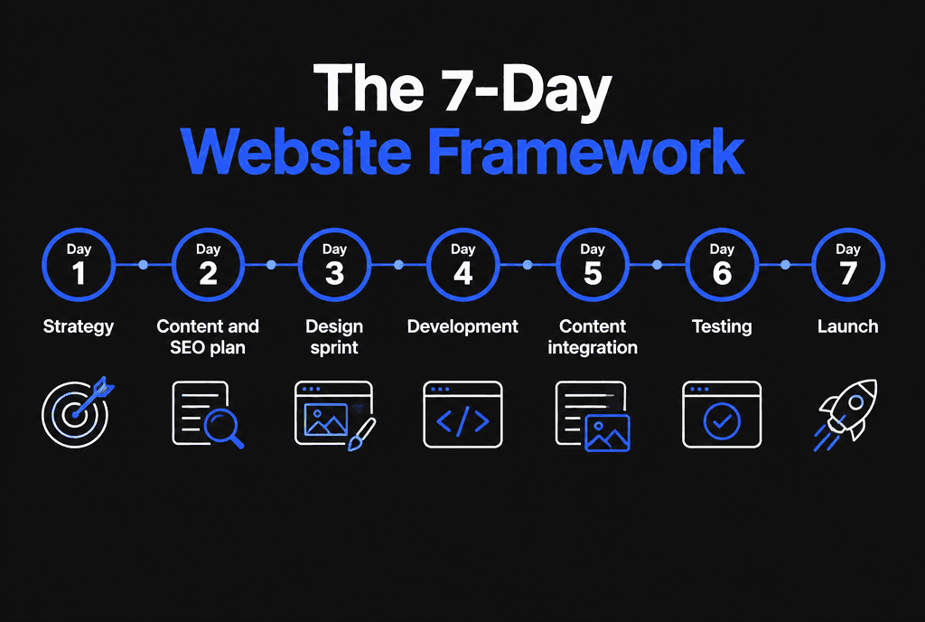 Infographic of the 7-day website development framework from strategy and design to build, testing and launch