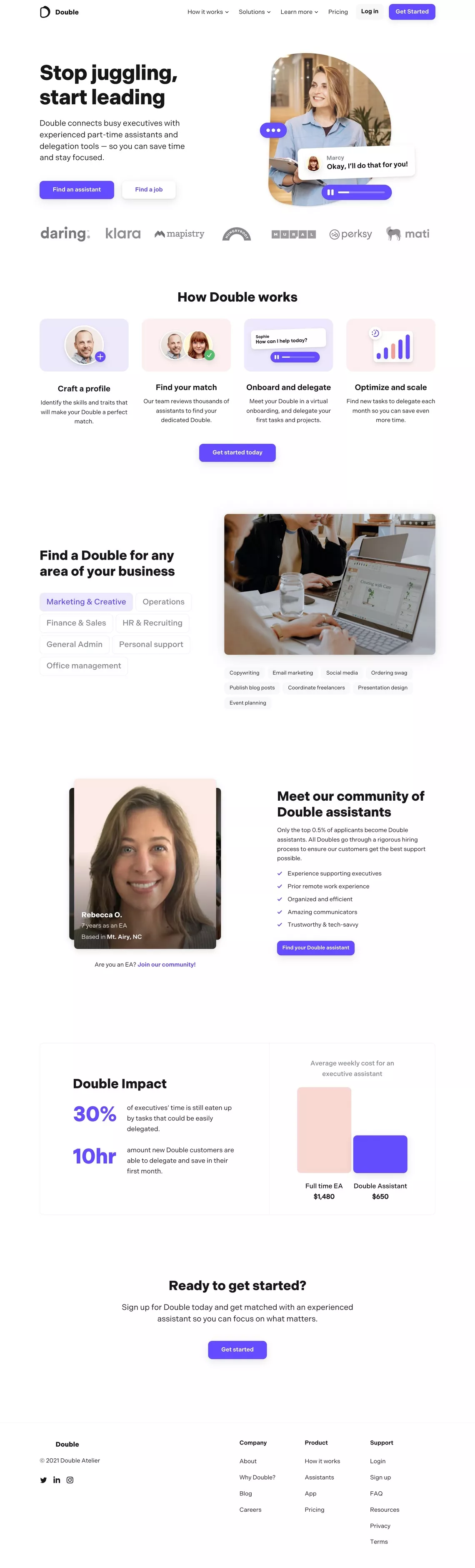 Double - Remote assistants for busy exec landing page screenshot showcasing HR and Productivity design