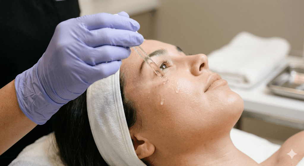 A close-up aesthetic shot of a professional hand in a medical glove performing a facial rejuvenation treatment. Soft focus on clear skin, light golden serum being applied elegantly with luxury spa-like lighting, clean, sterile, clinical yet premium and serene atmosphere.
