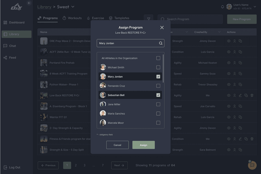 O2X Assign program screen