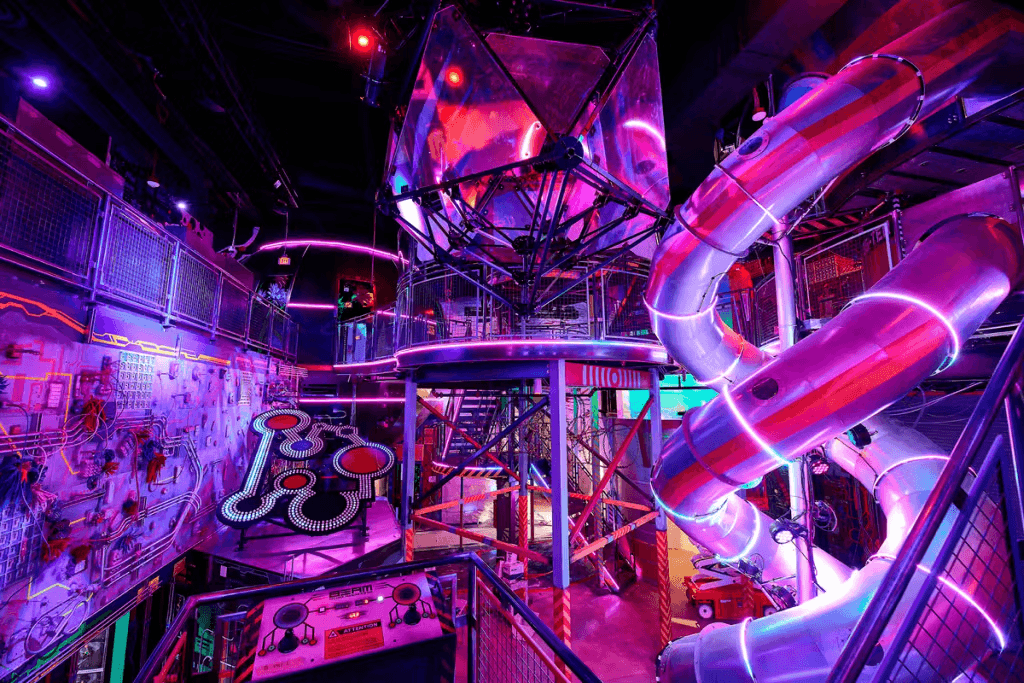 Sci-fi amusement park with slides & lights