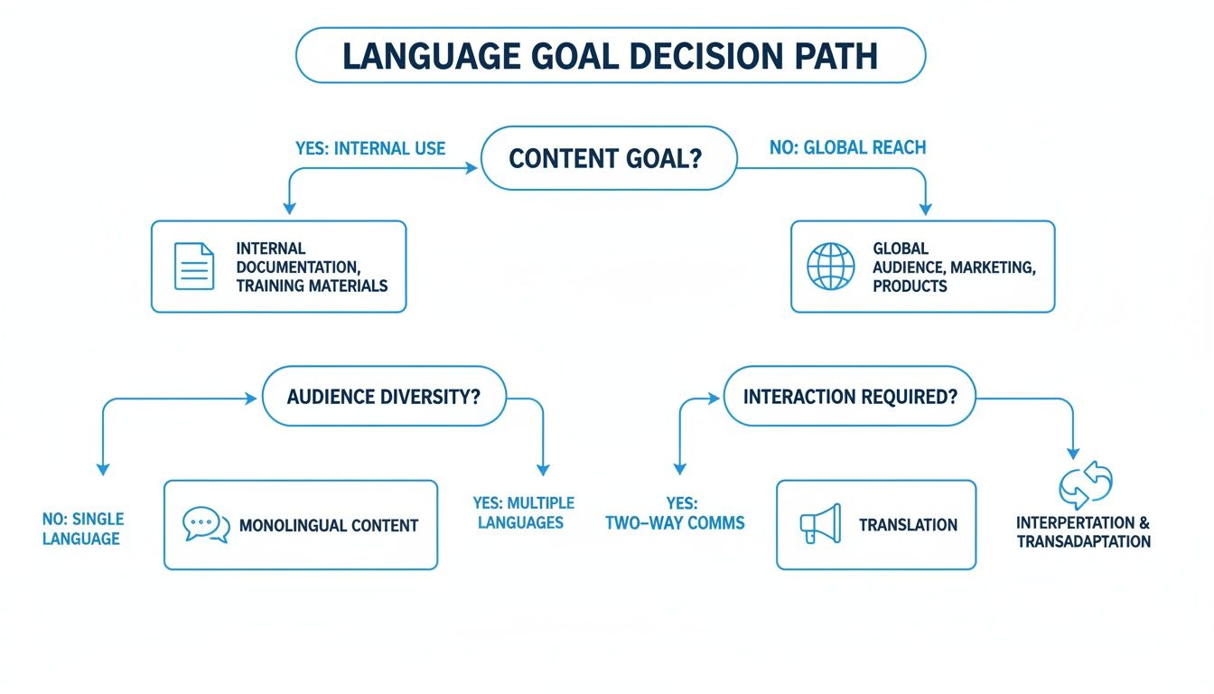 Flowchart illustrating a language goal decision path based on content goal, audience diversity, and interaction required.