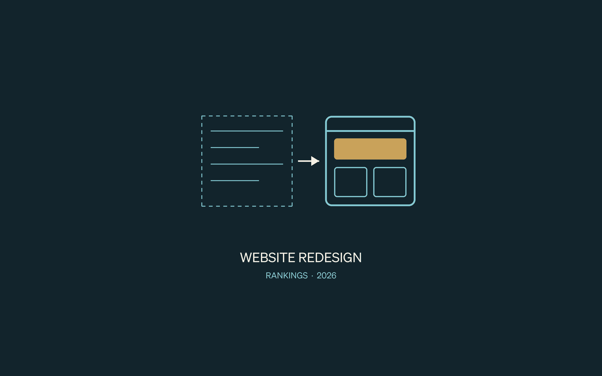 Line drawing of an old page layout becoming a new one, labeled Website redesign rankings 2026