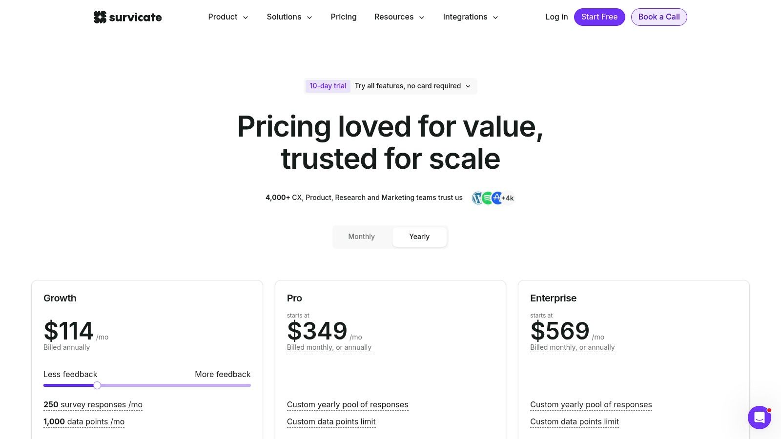 Survicate pricing plans showing different tiers and features